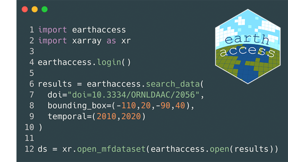 image of python code to install earthaccess application with earthaccess logo overlay