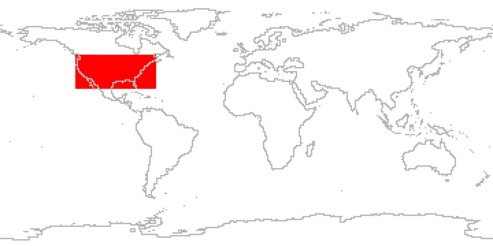 World map with the Continental United States highlighted in red.