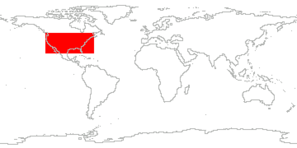 World map with the Continental United States highlighted in red.