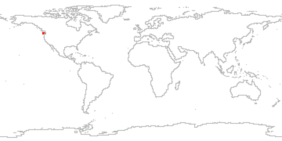 A line drawing of a world map with the U.S. Pacific Northwest highlighted in red.