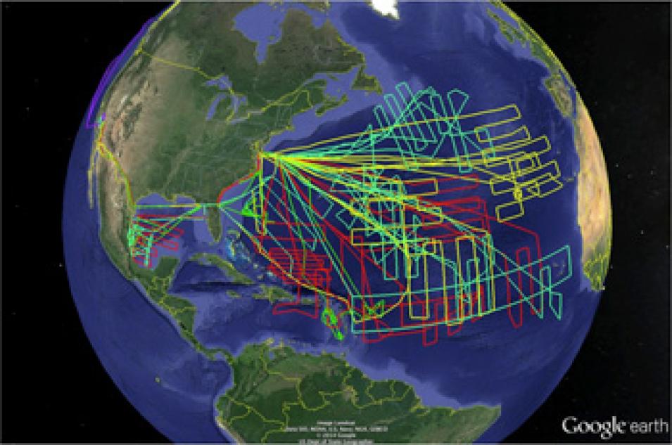 This image shows the flight tracks of the NASA GlobalHawk (GH) unmanned aircrafts flown during the NASA Hurricane and Severe Storm Sentinel (HS3) field campaign (2012,2013,2014). Extensive coverage of the Atlantic Ocean could not have been done with conventional aircraft.