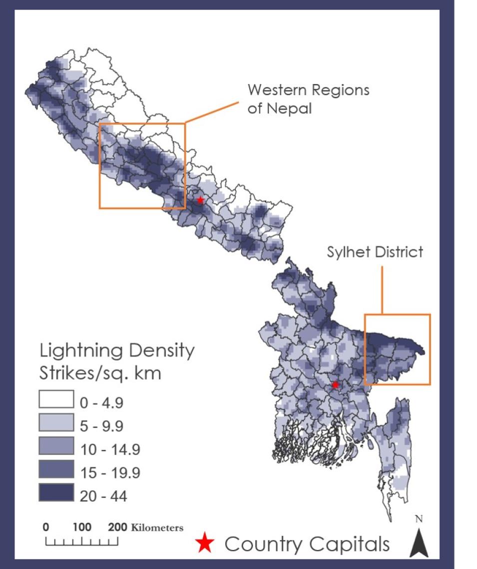 Graph showing lightning density in Nepal and in the Sylhet district of Bangladesh.