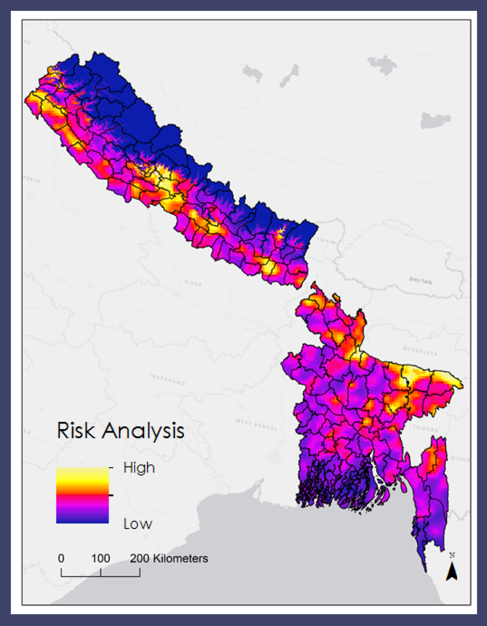 Map showing lightning risk analysis for Nepal and Bangladesh.