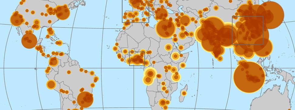 Map of the world with circles representing urban settlement population in the year 2015 (orange circles) and projected population in the year 2030 (yellow circles).
