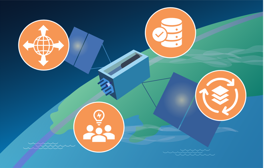 illustration showing a commercial satellite in orbit, with circles and icons displaying data distribution