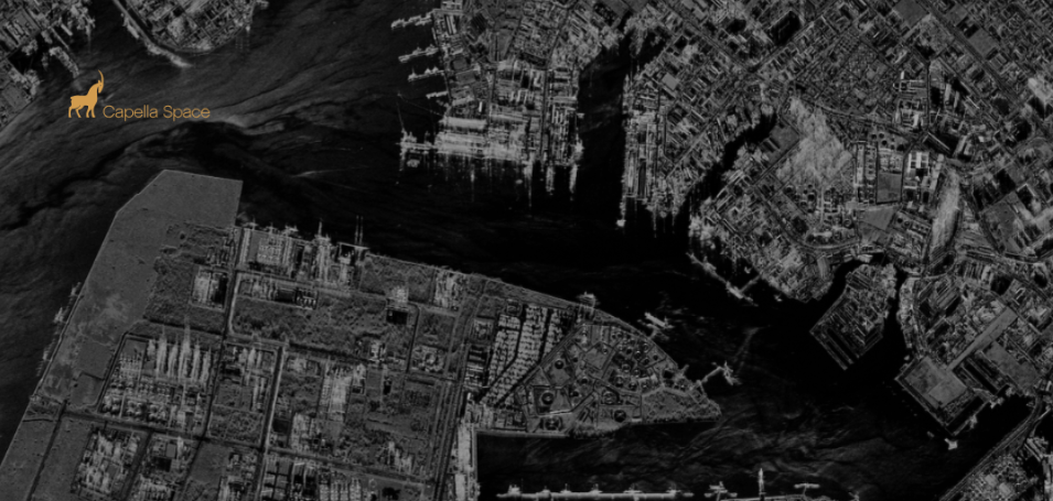 Black-and-white SAR image of Jurong Island, Singapore, captured by Capella Space on January 24, 2024, at 23:45 local time using Sliding Spotlight mode. The image showcases detailed Synthetic Aperture Radar (SAR) imagery, with the Capella Space logo in copper displayed in the top-left corner.