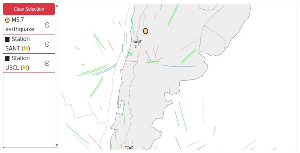 This screen capture from the GUARDIAN website shows the location of a magnitude 5.7 earthquake that occurred 63 kilometers north-northwest of Albardón, Argentina, on October 20, 2024, along with the locations of two nearby GNSS stations. 