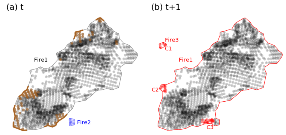 Two fire data visualizations appear side by side, each overlaid with colored and grey dots, which represent newly detected and previously detected VIIRS 375 m active fire pixels.