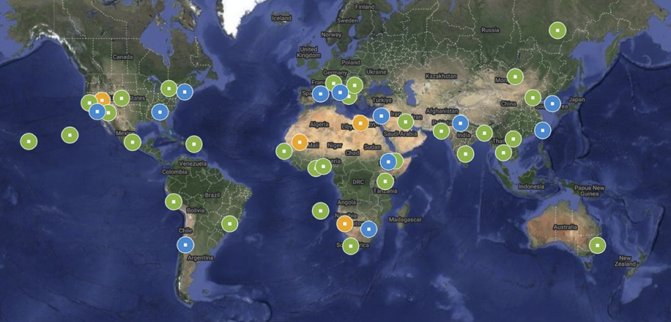 A world map is dotted with colorful circles, each indicating a primary target for the Multi-Angle Imager for Aerosols (MAIA) investigation.