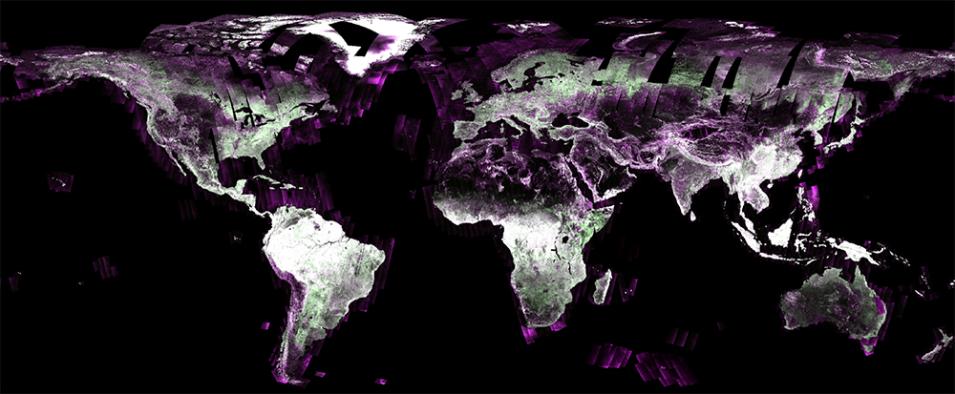 This image shows the globe color coded to indicate its surface type. Most of the image is black to indicate calm water, the ocean, or dry sand. Rough water is depicted in shades of purple. The continents are shaded in green where there is vegetation, and white where there are urban areas or little vegetation. 