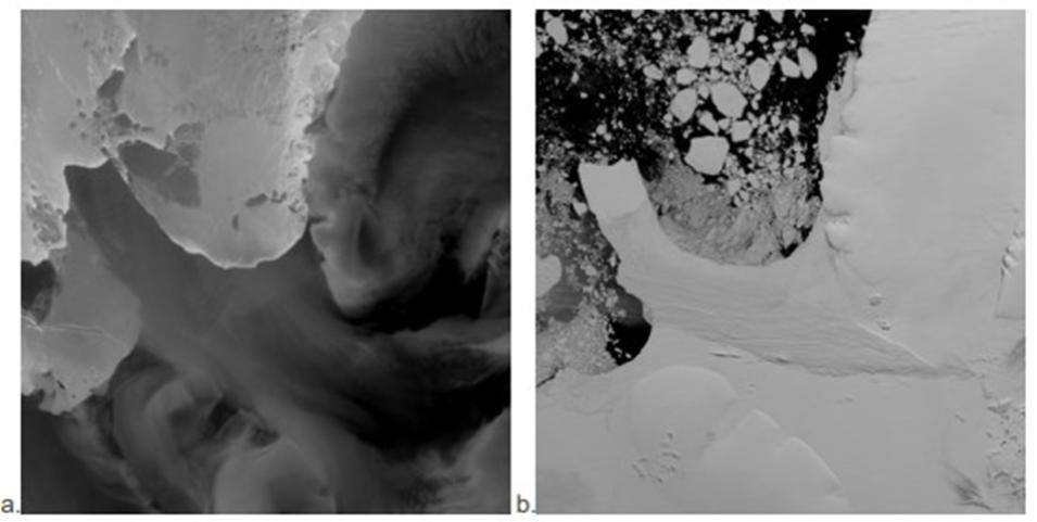 A pair of MODIS images shows the Filchner ice shelf on April 1, 2000 (a) and on January 1, 2001 (b). 