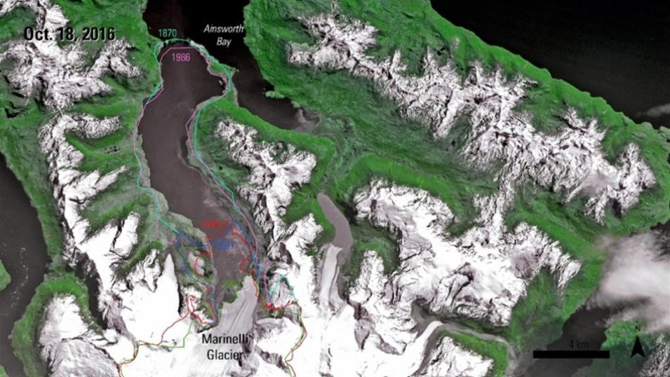 This ASTER image from October 18, 2016, shows the Marinelli Glacier terminating into Ainsworth Bay.