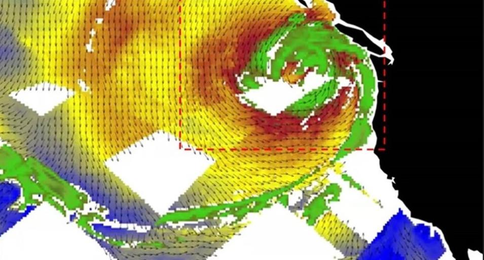 A graphic showing COWVR and TEMPEST wind speed and atmospheric moisture data collected during the bomb cyclone that struck the Pacific Northwest on November 20, 2024. 