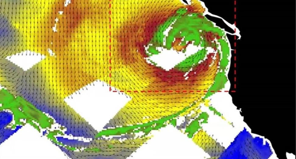 A graphic showing COWVR and TEMPEST wind speed and atmospheric moisture data collected during the bomb cyclone that struck the Pacific Northwest on November 20, 2024. 