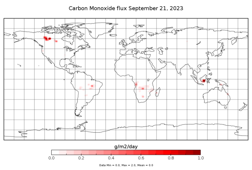 Carbon Monoxide flux from fires around the globe on September 21, 2023. 