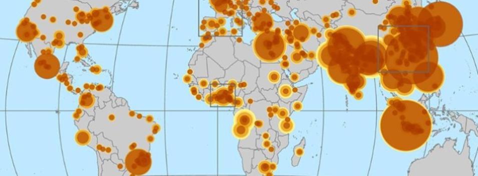 This map of the world shows data from SEDAC's Global Urban Polygons and Points Dataset (GUPPD), Version 1 dataset.