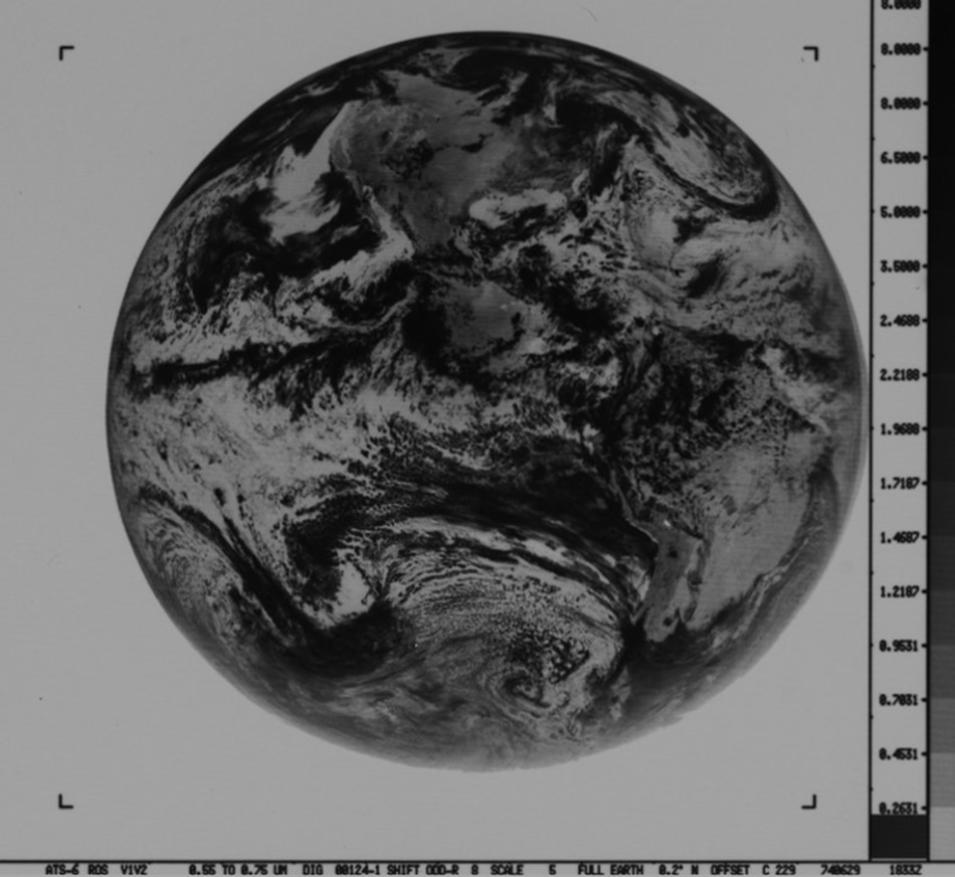 A Geosynchronous Very High Resolution Radiometer (GVHRR) Black and White visible image of the Western Hemisphere. 