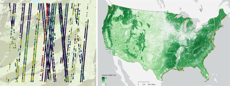 Image panel : Left image shows ATLAS/ICESat-2 ATL08 canopy heights generated using the SlideRule Earth web interface.  The image on the right shows 2020 30-meter gridded canopy height map across the contiguous US based upon ICESat-2 canopy heights and ancillary Landsat, LANDFIRE and topographic variables.