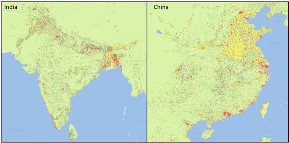 These graphics from SEDAC’s POPGRID Viewer Tool show GHS-SMOD data for India, and China. 