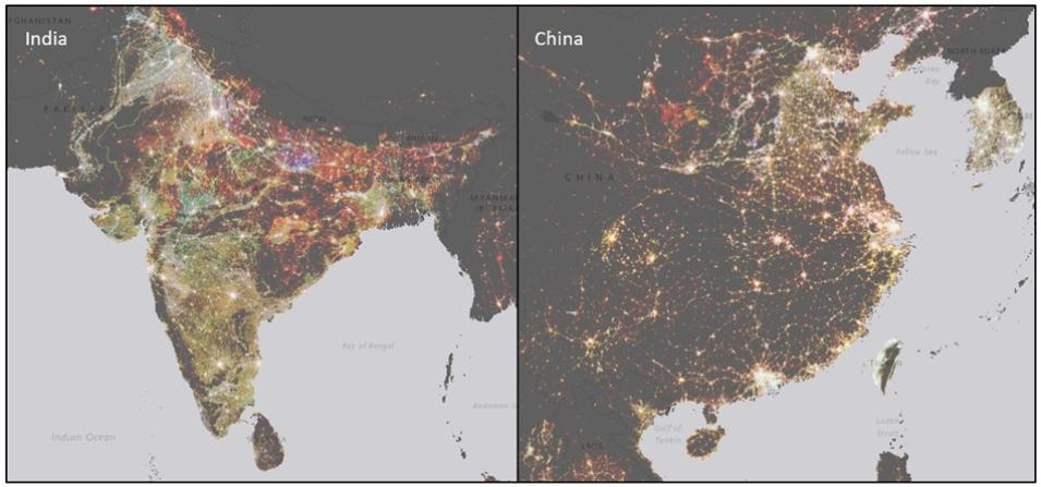 These side-by-side images of India and China show change in nighttime lights data from 1992 to 2013 from SEDAC's VIIRS+DMSP dLIGHT v1 datasets.