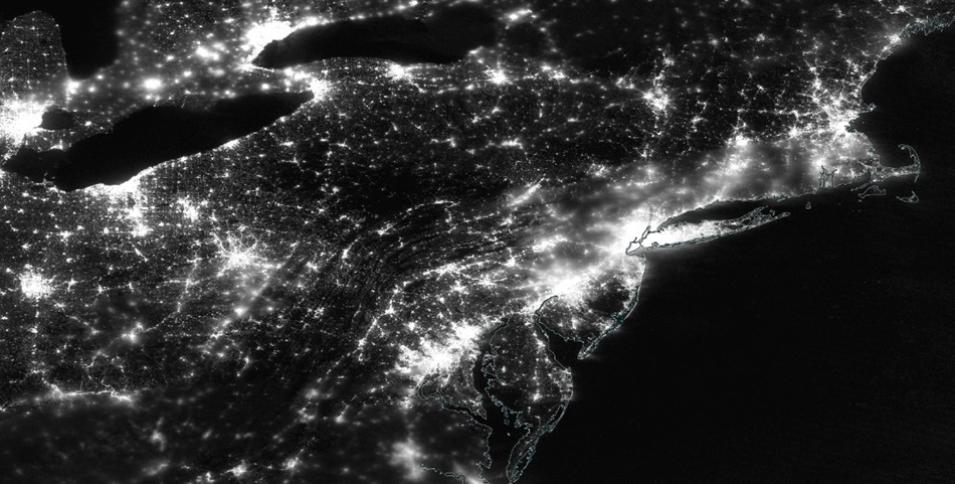 A nighttime lights image of the I-95 Corridor created with data from NASA’s Black Marble daily at-sensor top-of-atmosphere nighttime radiance product. 