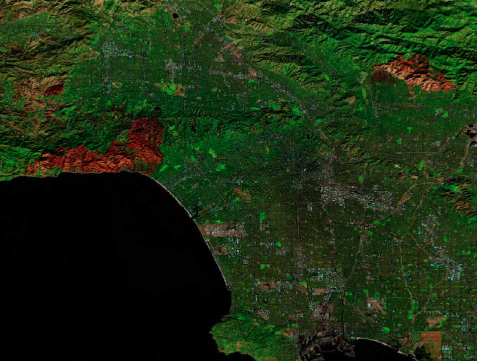 False-color corrected reflectance image of the Palisades and Eaton Fires in Los Angeles, California on 12 January 2025 from the MSI instrument aboard the Sentinel-2A satellite