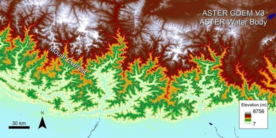 A visualization of ASTER Global Digital Elevation Model (GDEM) and Global Waterbodies Database data over the Himalayas. 