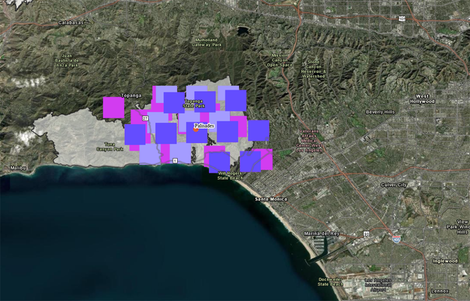 This rectangular image shows the location of satellite-based fire detection targets overlaid on visible imagery of the Los Angeles area landscape. In the center of the image over Pacific Palisades, CA, are nearly 30 pink, light purple, and purple squares showing the location of suspected fires.