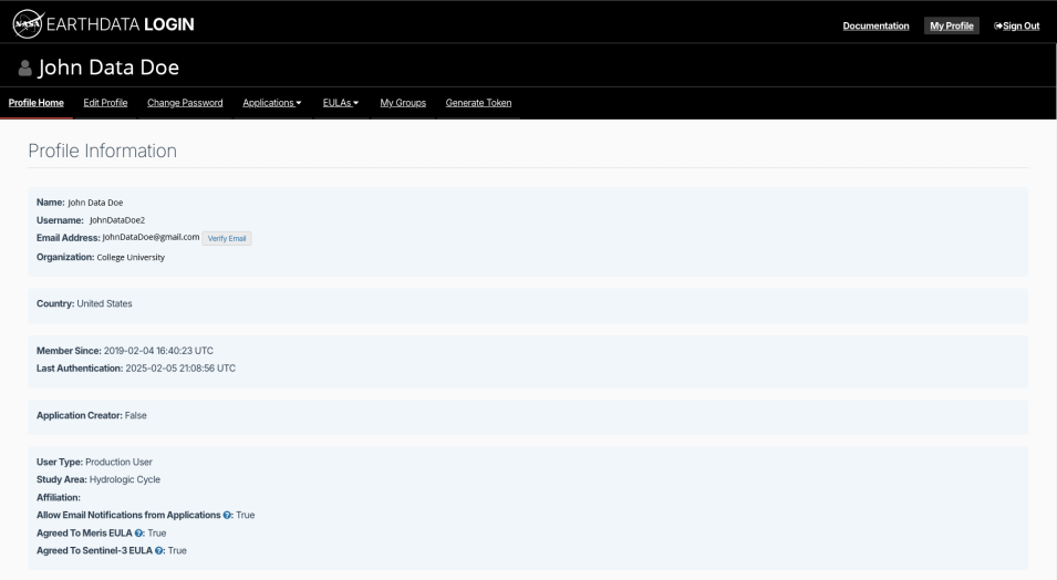 Screenshot of an example Earthdata Login profile page