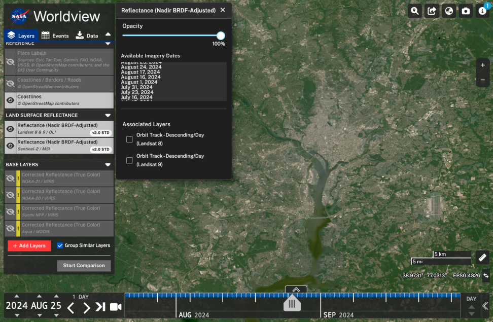 Screenshot of Worldview showing available imagery dates for HLS data