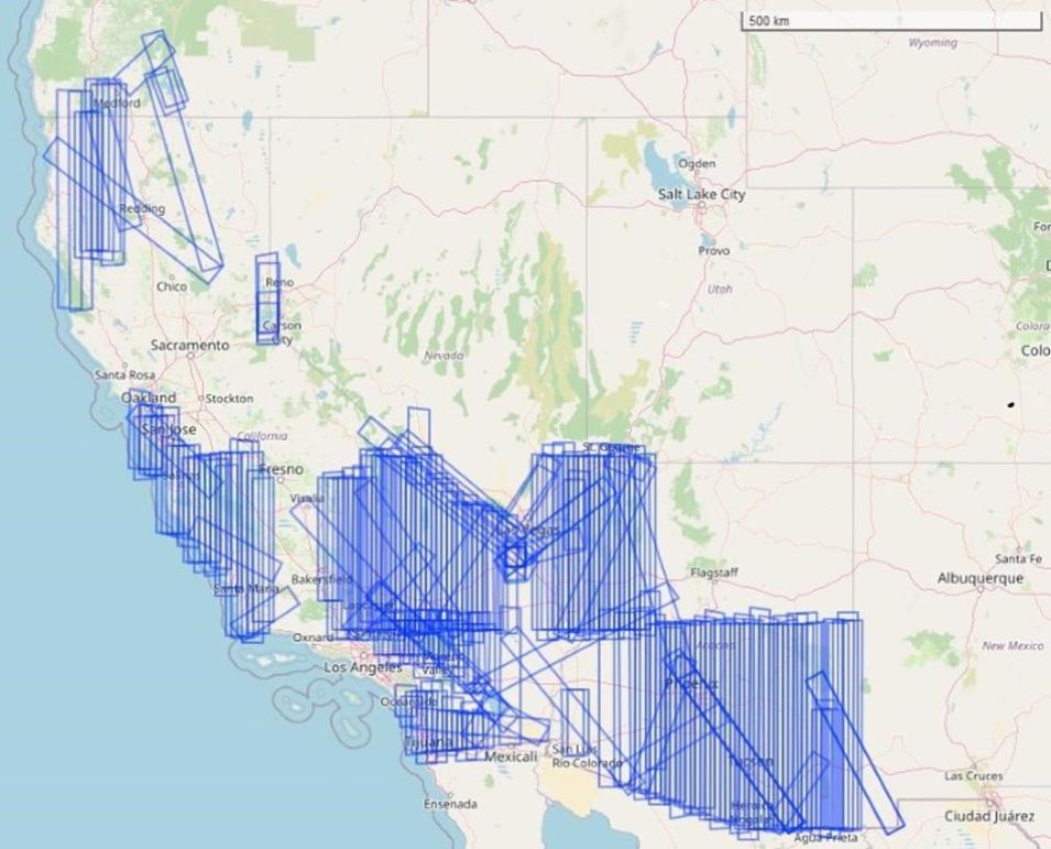 During the WDTS campaign the MASTER instrument was flown over California and Nevada. The flight paths are represented on this map as rectangular polygons. 