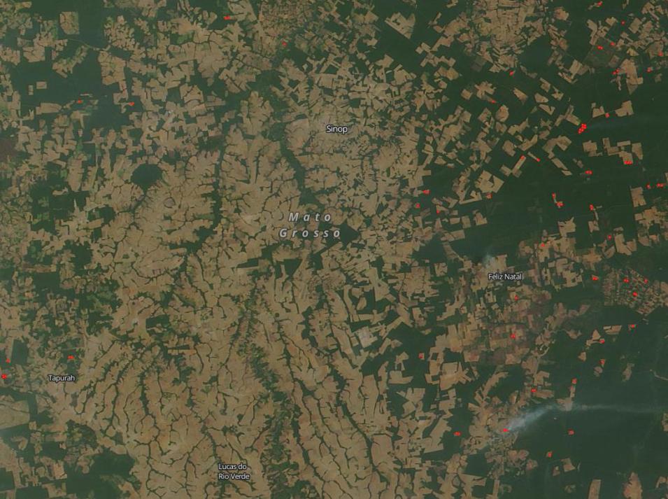 Mato Grosso, Brazil true-color image from MODIS/Terra, showing land use and hotspots indicating fire other heat sources.