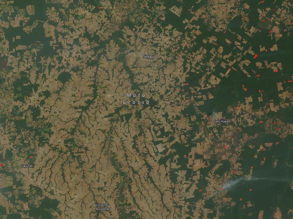 Mato Grosso, Brazil true-color image from MODIS/Terra, showing land use and hotspots indicating fire other heat sources.