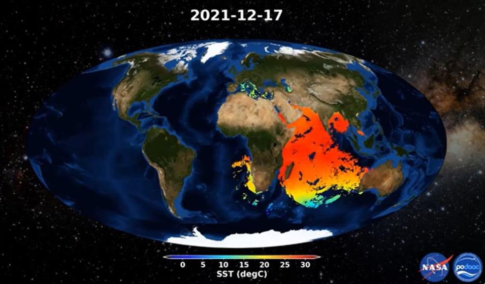 A graphic showing NAVO GHRSST Level 2P Sea Surface Temperature v1.0 data.