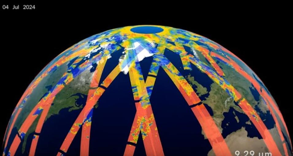 This still image from a PREFIRE first light video shows a visualization of some PREFIRE-SAT2 data. The colored strips are the brightness temperatures (a measure of the intensity of infrared emissions) measured along the CubeSat's orbit swaths.  