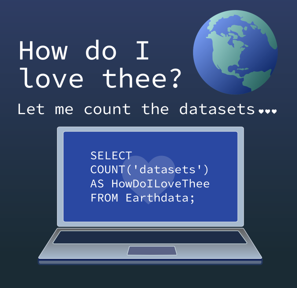 The text "How do I love thee? Let me count the datasets" appears next to a graphic of Earth and above a graphic of a laptop computer with code on the screen