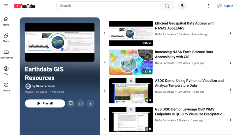 This is a screenshot of the user interface for the Earthdata GIS YouTube channel. There are boxes showing previews of each video with a description next to each box. 