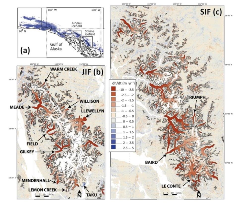This graphic shows ASTER-based surface elevation changes (in meters/year) of Alaskan glaciers in the panhandle region near Juneau from 2000 to 2016. 