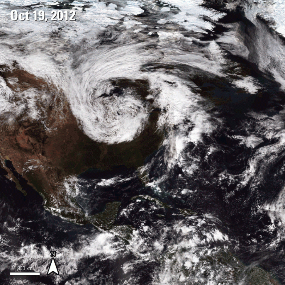 VIIRS animated imagery showing Hurricane Sandy forming in the Caribbean and moving along the coast.