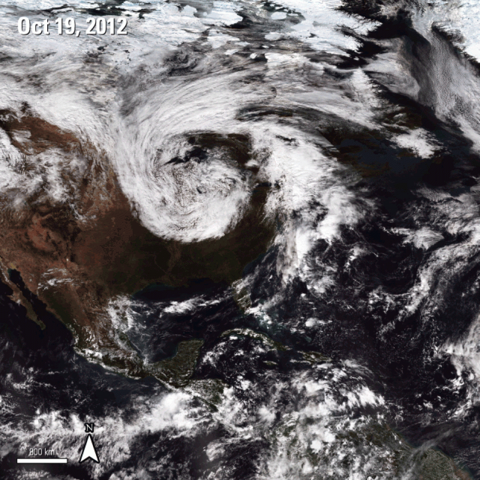VIIRS animated imagery showing Hurricane Sandy forming in the Caribbean and moving along the coast.