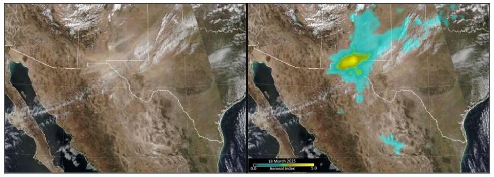The NOAA-21 satellite capture this image of a dust storm storm southern New Mexico and southwest Texas on March 18, 2025.