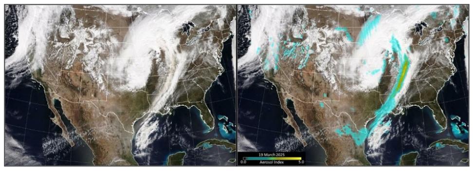 These images from NOAA-21 show dust making its way across the United States in the days after March 18, 2025.