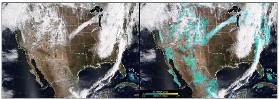By March 20, NOAA-21 could still detect the remnants of the dust plume across the upper Midwest and along the Atlantic Coast.  