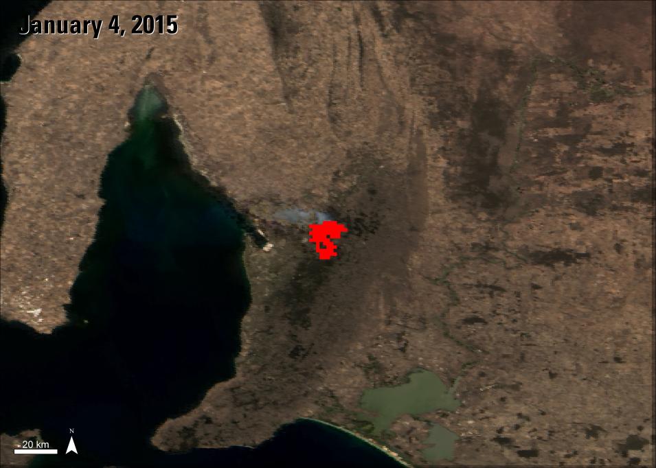 Sampson Flat bushfires in South Australia show red in MODIS imagery. 