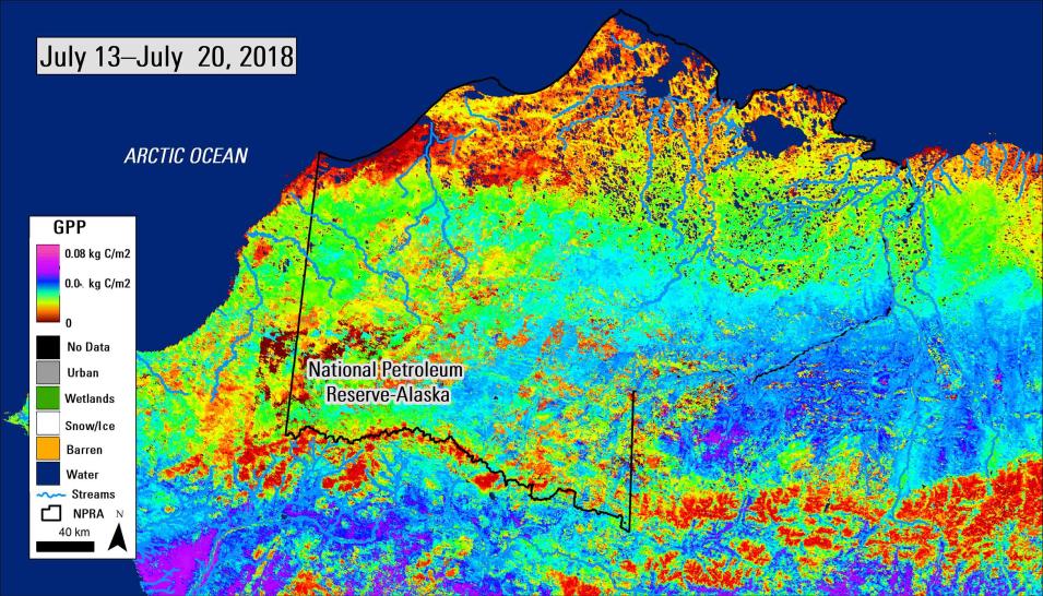 Satellite imagery showing Gross Primary Productivity 8-day composite