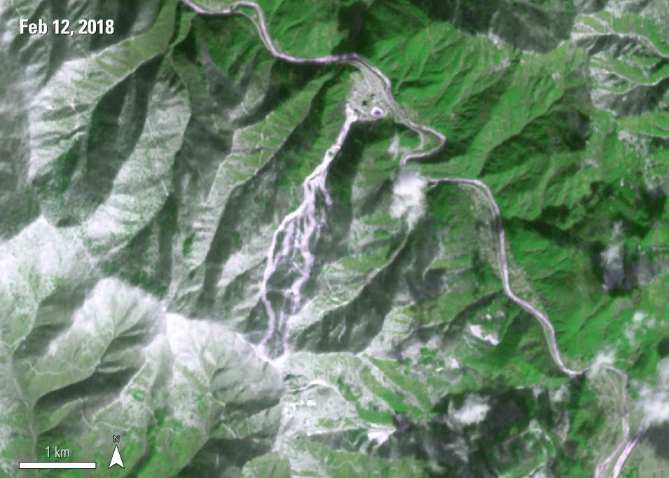 Mount Gariwang shown during the 2018 Winter Olympic Games. Shown using the pseudo-true color band combination 2-3-1. Grass is shown as green, infrastructure as magenta, snow as white, and water as blue. This area was used for the Men’s and Women’s Alpine Skiing events, including Downhill, Super-G, and Alpine Combined.