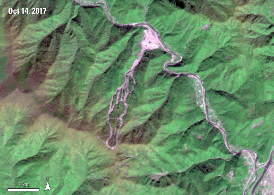 Mount Gariwang shown in 2017 as South Korea prepares for the 2018 Winter Olympic Games. This image is shown using the pseudo-true color band combination 2-3-1. Grass is shown as green, infrastructure as magenta, snow as white, and water as blue. The creation of the infrastructure for the skiing events at the Olympics is present in this image.
