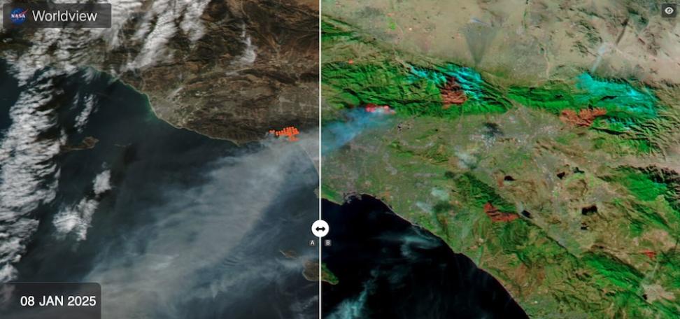 Screenshot of a NASA Worldview comparison of a true-color corrected reflectance image overlaid with fires and thermal anomalies on the left and a false-color corrected reflectance image (Bands 7-2-1) on the right of the Palisades and Eaton Fires, California. The images were acquired by the Moderate Resolution Imaging Spectroradiometer (MODIS) instrument aboard the Aqua platform on January 8, 2025. Credit: NASA Worldview.