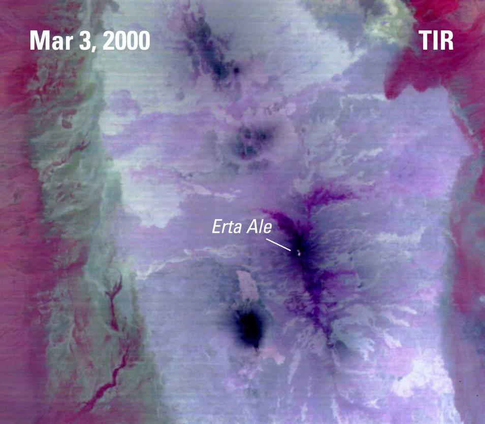 Composite satellite image of the Erta Ale volcano in Ethiopia. Bright white pixels in the lower center of the image reveal the location of Erta Ale's lava lake. 