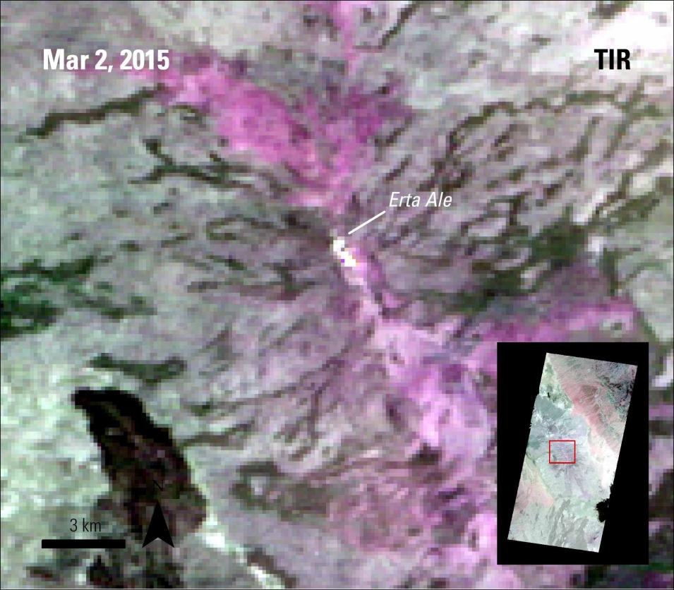 Composite satellite imagery showing the extent of the hot lava lake at Ethiopia's Erta Ale volcano.
